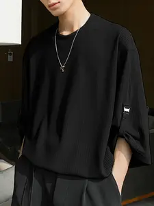 INCERUN Men's Fashion Solid Color T-Shirt, Knit Texture Round Neck Casual Short Sleeve Button Design, Summer Daily Commute Wear