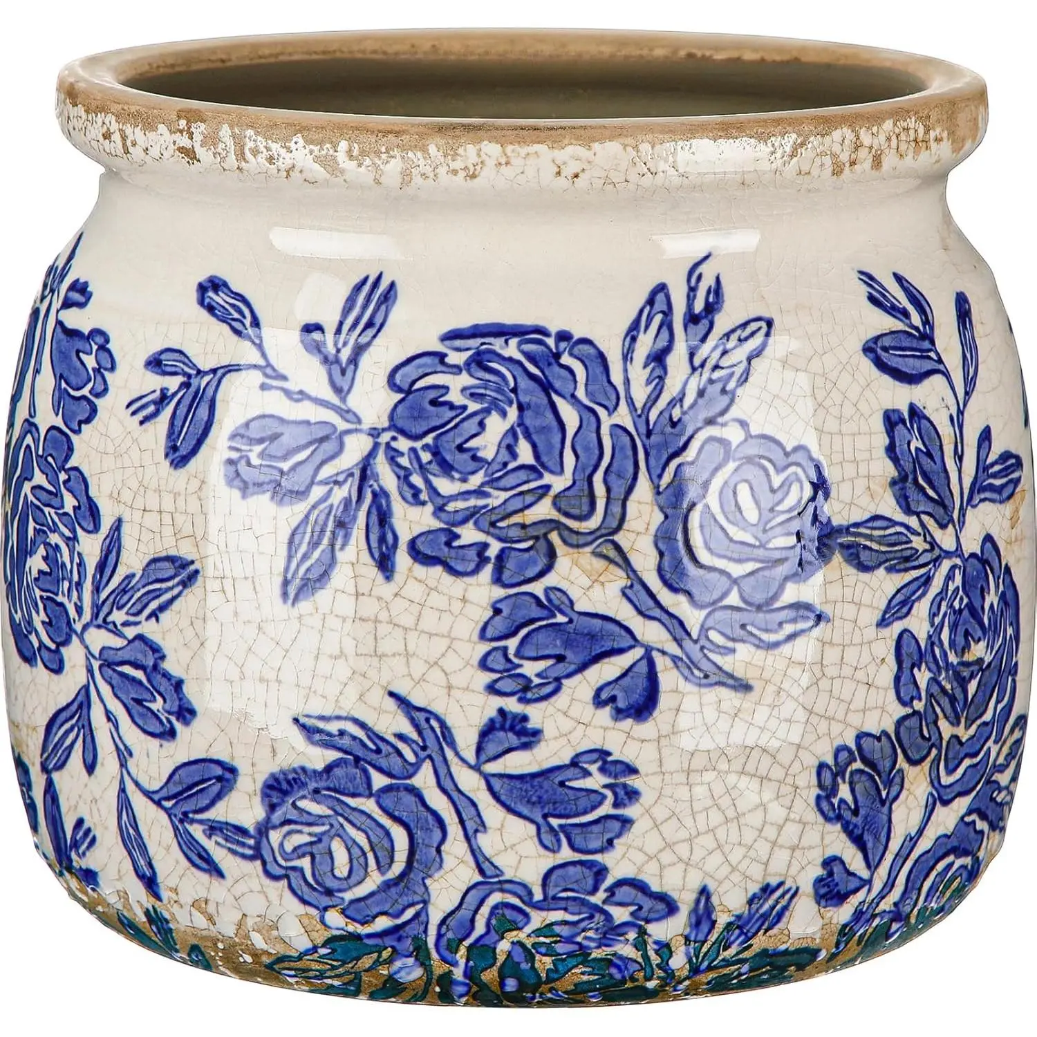Large Ceramic Chinoiserie Planter - 15x13 cm (5.9x5.1 inches), Blue-Beige Vintage Rose Crack Cottage Scroll Design, Rustic Drainage Pot for Indoor Live Plants, Farmhouse Home Decor, Birthdays Gifts, Artificial Flowers Compatible