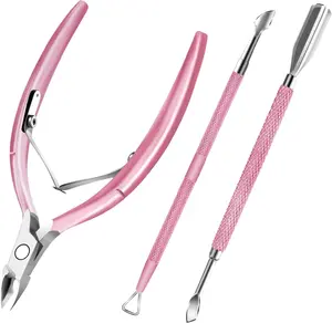 Cuticle Trimmer Set: Stainless steel cuticle nipper, pusher, and scissors in pink. Ideal for nail care. Manicure Plastic