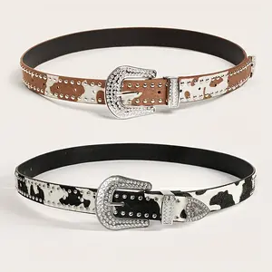 Cow Print Studded Belt with Rhinestone Buckle Street Style Punk Fashion Accessory for Waists 65-96 cm Ideal for Weddings Parties Beach Casual Sports Occasions