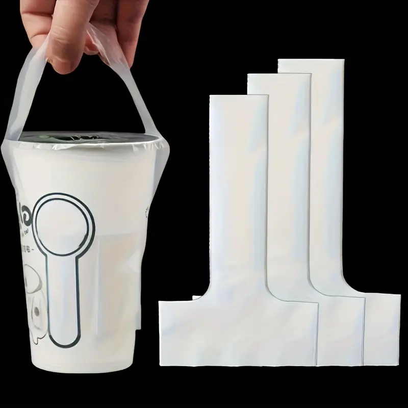 200pcs T Shape Milk Tea Bags, Disposable Hygienic Transparent Plastic Cup Sleeves with Handles, Drinkware Accessories, Ideal for Coffee and Drink Takeaway, Party Supplies