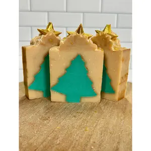 Christmas in July Goat Milk Soap Frosted Fir Scented Handcrafted Cold Process Soap with Christmas Tree Design for Gifting or Self-Treating