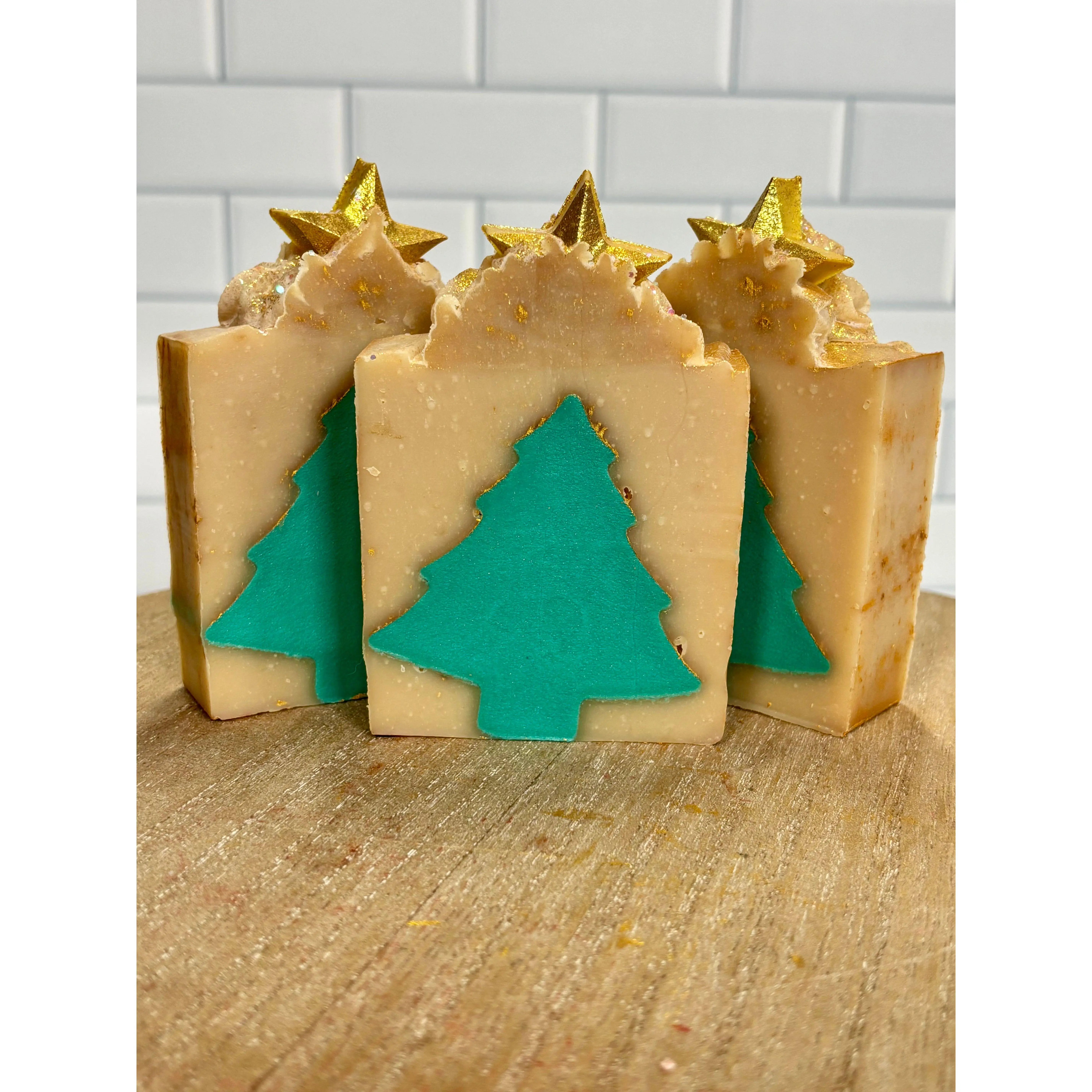 Christmas in July Goat Milk Soap Frosted Fir Scented Handcrafted Cold Process Soap with Christmas Tree Design for Gifting or Self-Treating