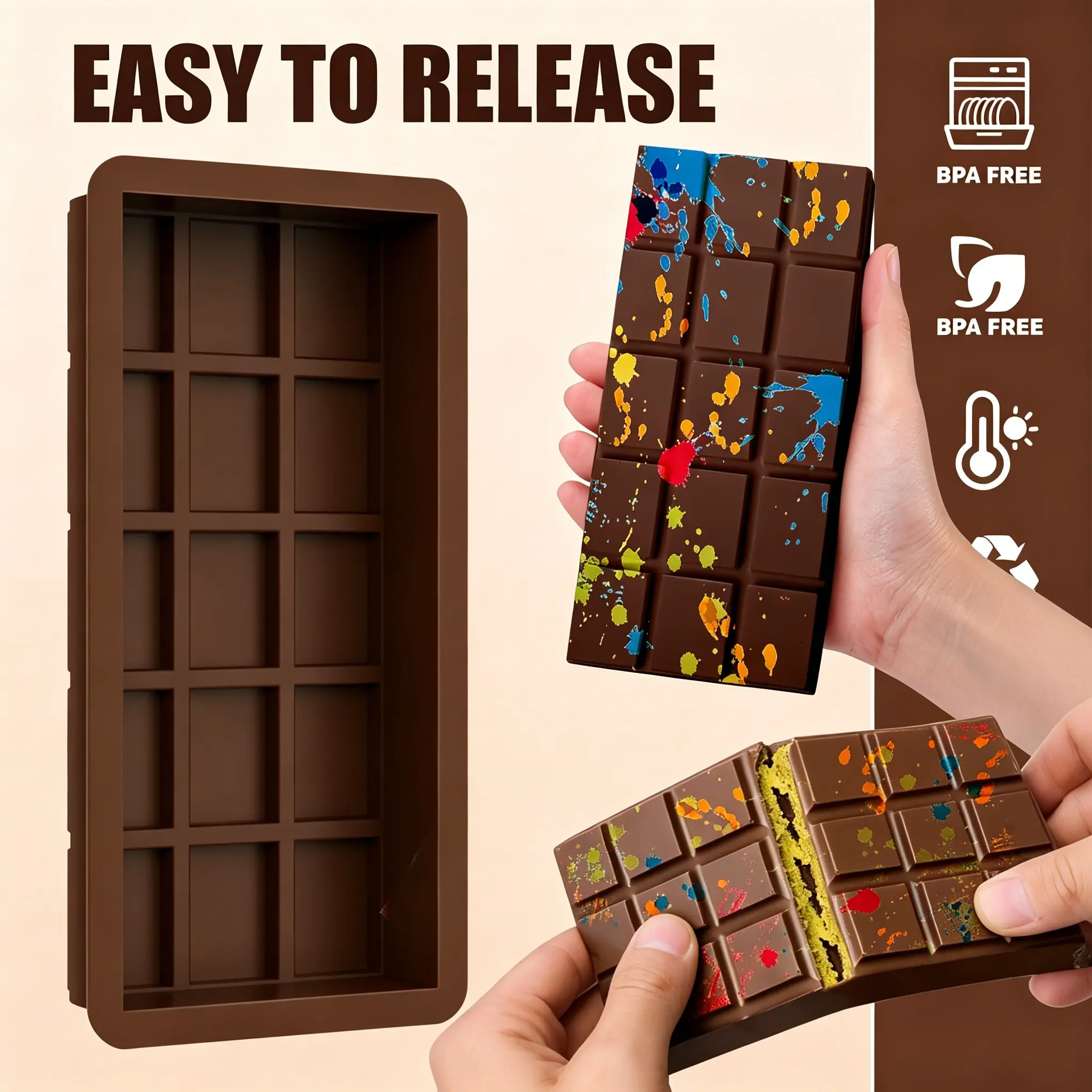 Food Grade Silicone Chocolate Bar Mold - Thick, Flexible, 1.2 in Deep, Reusable Kitchen Bakeware for Dubai-Style Bars, Party Favors | Silicone Molds for Chocolate
