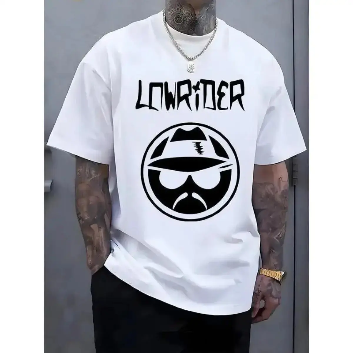 Men's Casual Graphic Tee - Short Sleeve Crew Neck Tee with "LOWRIDER" Print, Summer Outdoor Streetwear, White Machine Washable, Casual Outfit |       Casual Style Shirts |       Machine Washable Tops, T-Shirts cotton tee