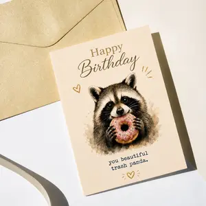 Funny Father Gift Greeting Card, Dad Birthday Card with Raccoon Donut Art, Personalized Pun Card for Animal Loving Dad