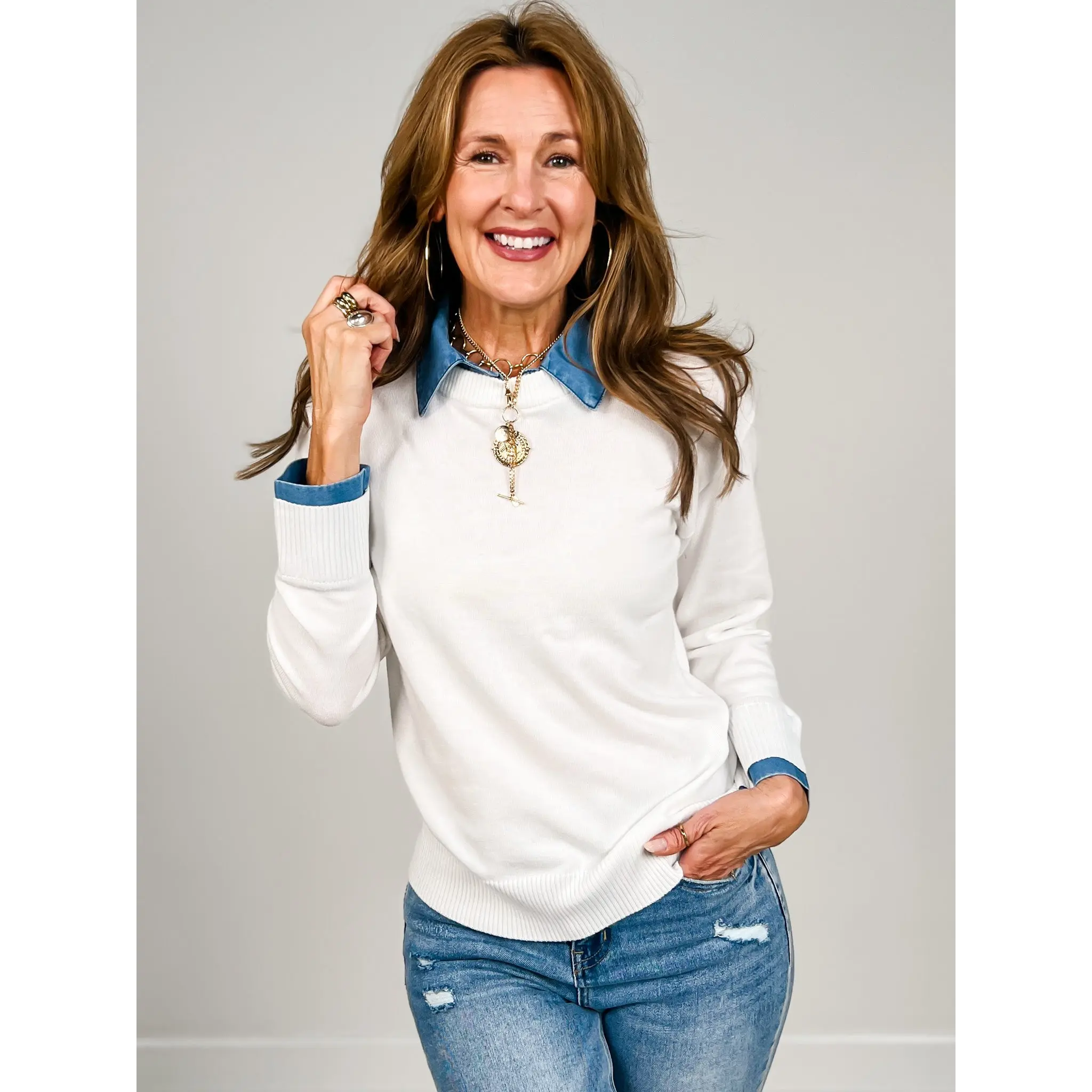 Lightweight Luxe Sweater with Removable Collar in White