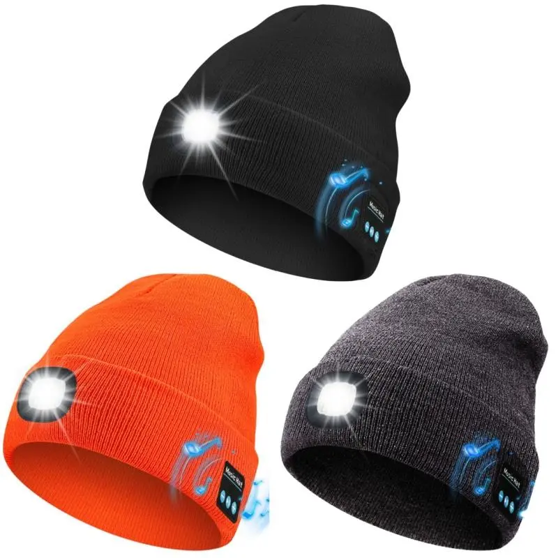2026 New Model Bluetooth Beanie with Light, Unisex USB Rechargeable 4 LED Fashlight Hat Cordless Headphones, Unique Christmas Birthday Gifts for Men Husband Teen warm beany Knit Balaclava Outdoor Activities skull cap