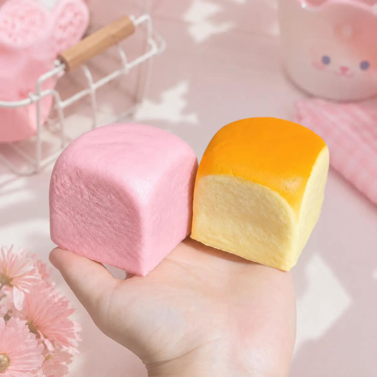 [Dealsforyou] Mini Bread Squishy Toy, Soft PU Foam Squeeze Fidget, Pink or Yellow 2.36-Inch Cube, Cute Desk Toy, Party Favor & Gift
