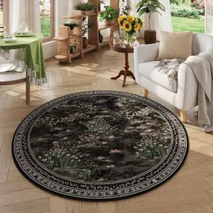 Circle Rug Impressionist-Style Vintage Round Rug Non Slip Low Pile Small Circular Rug for Bedroom Bathroom Entryway Kids Room Office College Dorm, Black