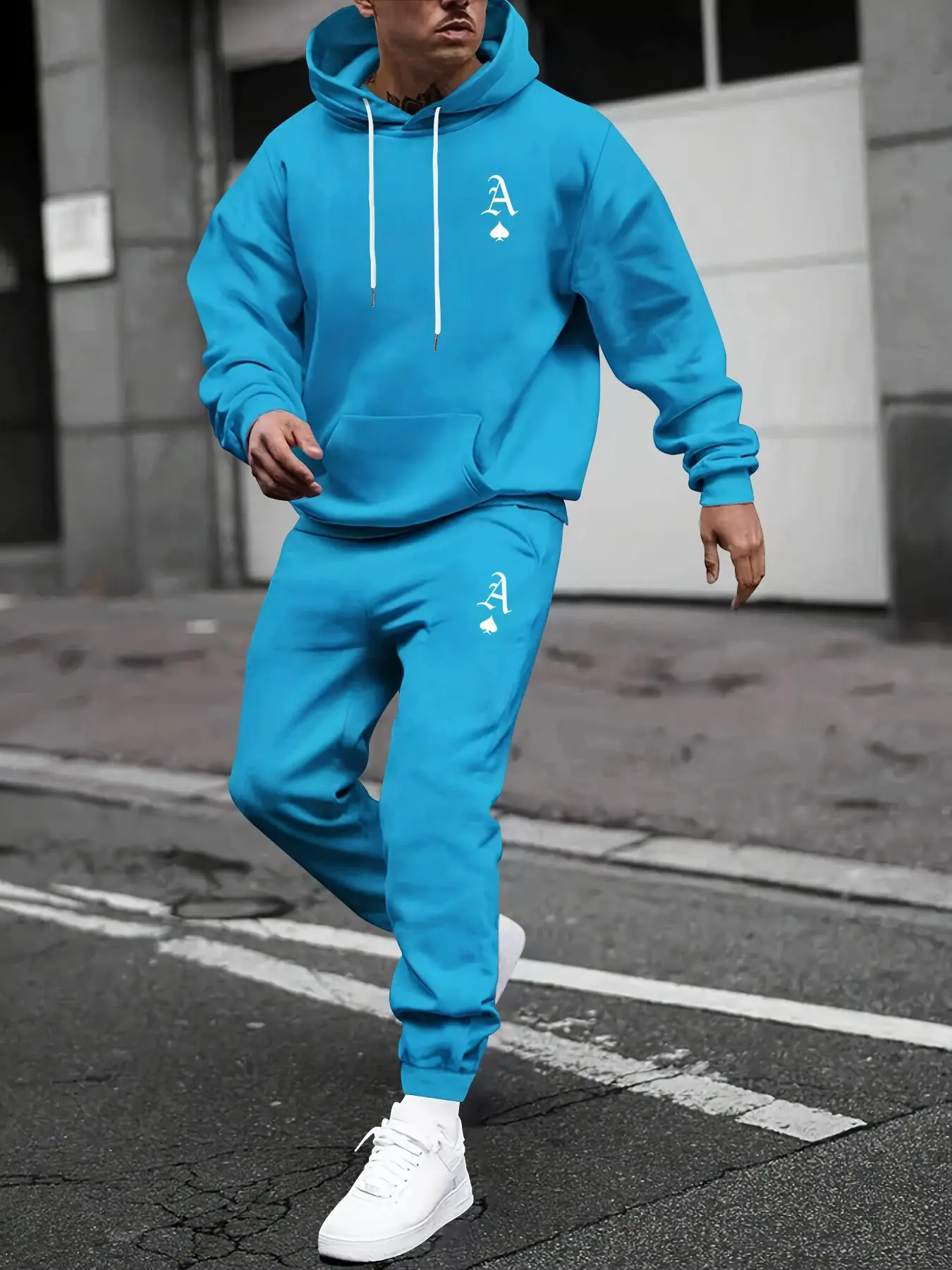 Two-Piece Set Men's Playing Card Print Drawstring Hoodie & Sweatpants Set, Casual Regular Fit Long Sleeve Hooded Sweatshirt & Pocket Jogger Pants, Men