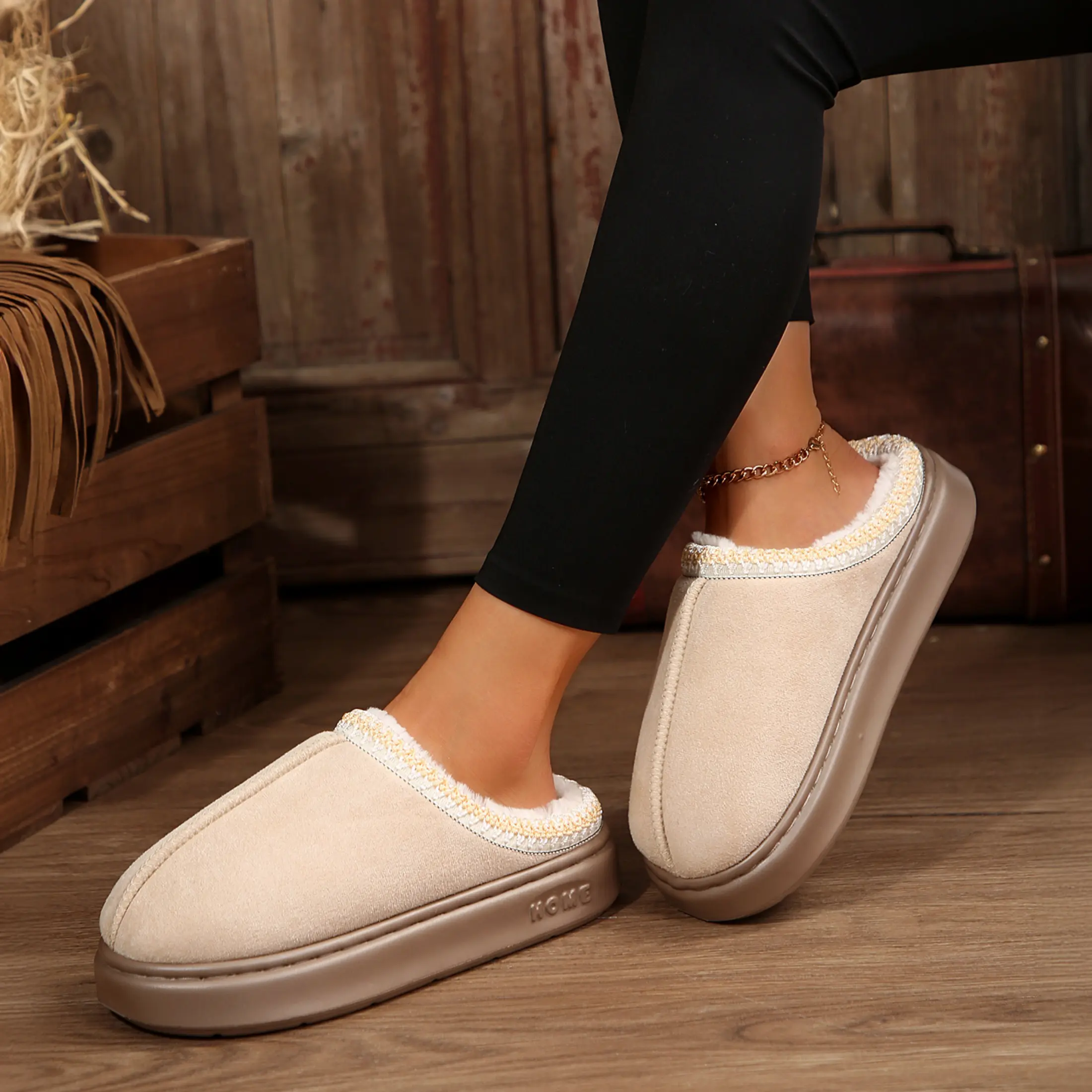 Women's Platform Mini Snow Boot Slippers - Suede Fleece Winter Warm Indoor Outdoor Anti-Slip Sole Shoes Comfy Fur Fleece Lining, Women Short Ankle Slippers Non Slip Soft