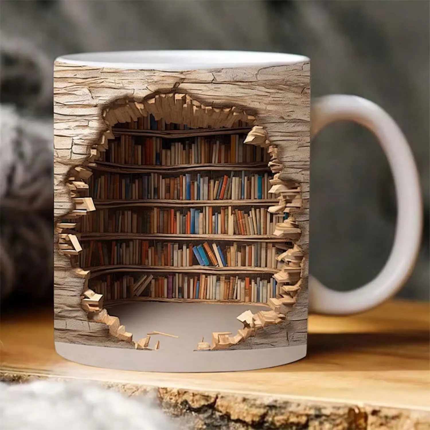 White 3D Effect Bookshelf Ceramic Bathroom Tumbler - Mug for Book Lovers, Multi-Purpose Home/Gym Drinkware, Creative Space Design Gift, 3D Effect Bookshelf Mug