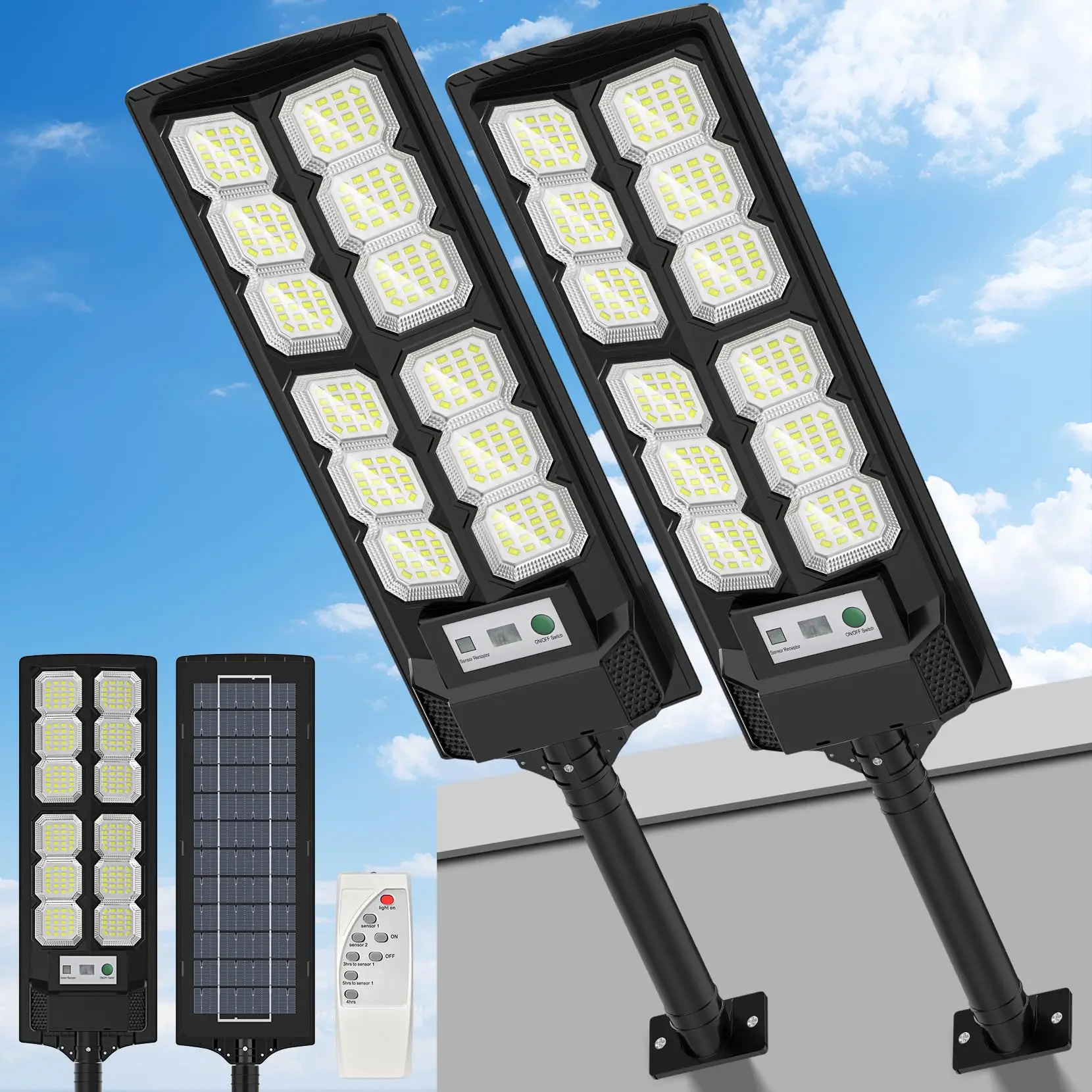 2PC Ultra-Bright Solar Street Light, 240 LED Solar Lights - IP65, Wide Angle Motion Sensor, Remote Control, Dusk to Dawn And - Perfect for Commercial