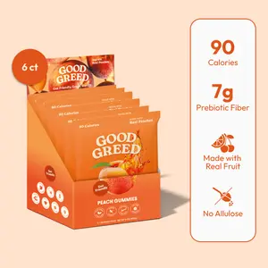 Good Greed Peach Gummy Candy (6 Pack) - Low Sugar, Prebiotic Fiber, Low Calorie
