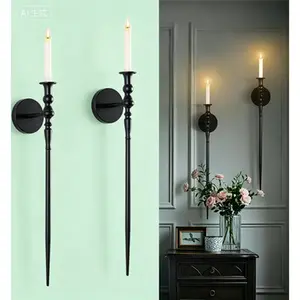 Large Gothic Metal Wall Sconce Set, Black Scepter Design Candle Holders for Home Decor, Wall Mounted Candle Sconces for Living Room Dining Room Bathroom, Reusable Decorative Fixtures, Set of 2