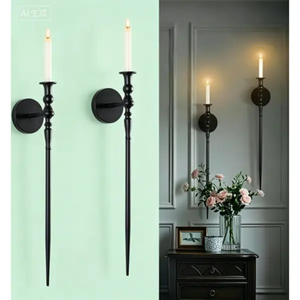 2-Piece Large Retro Gothic Metal Wall Sconce Set - Black Scepter Design Hanging Candle Holders for Home Decoration, Living Room, Wedding, Reusable Wall-Mounted Home Decor Fixtures