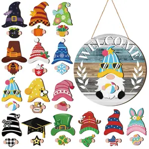 Interchangeable Gnome Welcome Sign for Front door Decor Wooden Gnome Sign with Magnet Detachable Hats Hands Gnome Wall Hanging for Graduation Party Summer Holiday Birthday Home Office Living Room Farmer Porch Garden