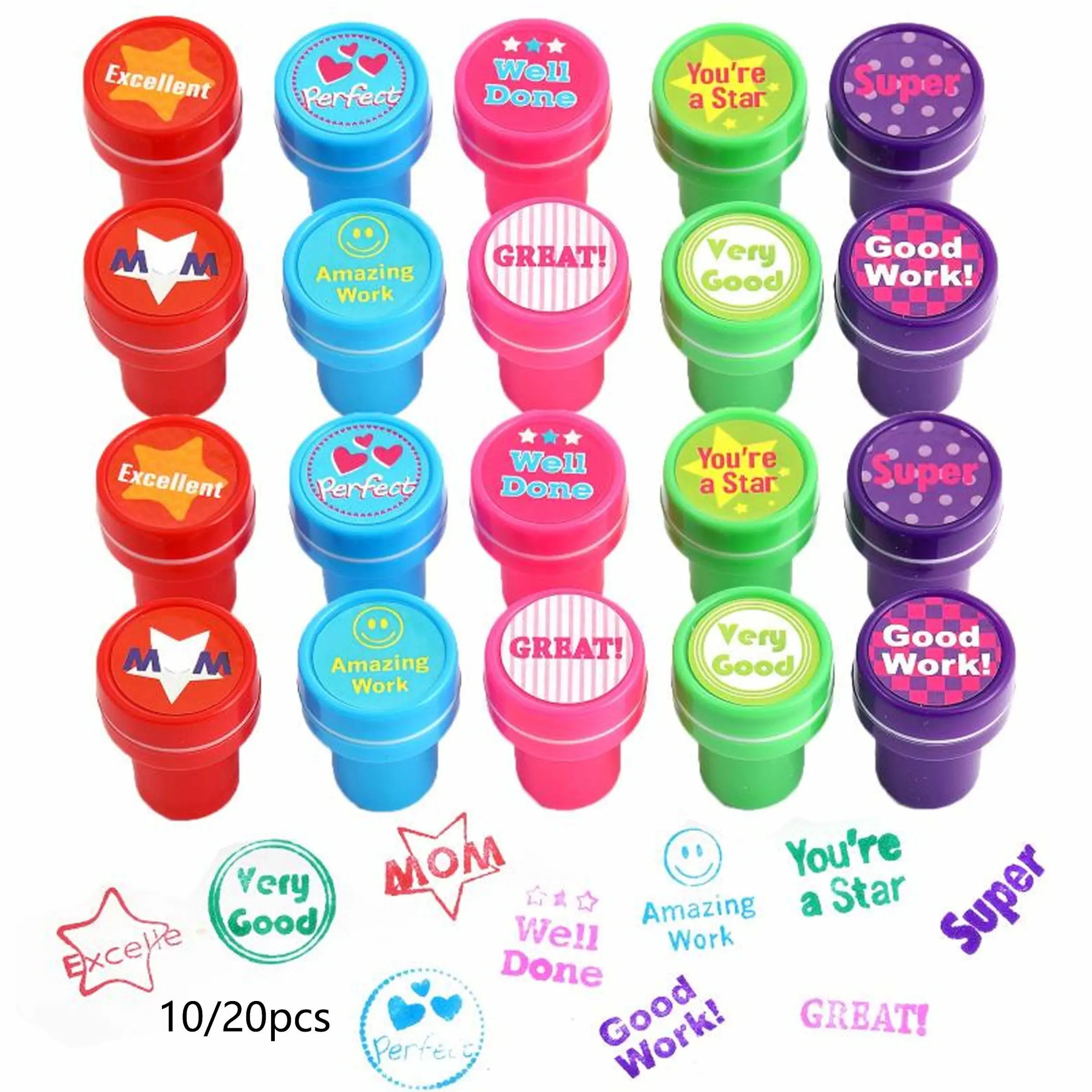10/20Pcs Teacher Reward Stamps, Classroom Motivation Stamps, Self-Inking Rubber Stamps, Homeschooling Prizes Handicraft Supplies Educational Reward Stamps, 10 Designs, Amazing Work, Awesome, Well Done, Excellent, Super, Very Good, Star, Mom