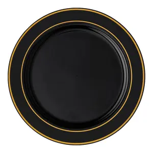 Black with Gold Edge Rim Plastic Dinner Plates (10.25")