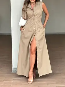 New Women's Sleeveless Button Front Split Long Dress, Commuter Chic Mature Style, Fashionable Party Wear, Elegant Daily Aesthetic