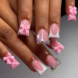 24 Pcs Duck Bill Nail Tips, French Edge, 3D Butterfly & Rainbow Rhinestones, Glossy False Nails, Reusable, Party Wedding Daily Wear, Glossy Fake Nails