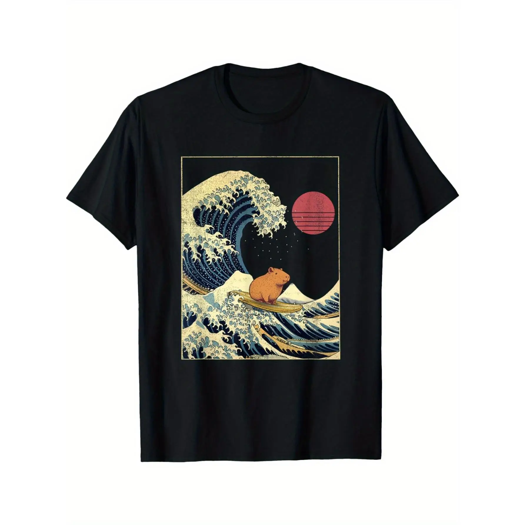 Capybara Surfing Kanagawa Wave Graphic Tee - 100% Cotton T-Shirt - Versatile for Casual, Sports, Festive, All-Season Wear