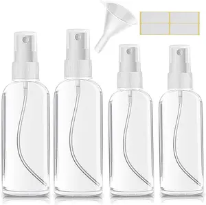 Small Spray Bottle Clear Empty Mini Travel Plastic Bottle Premium Spray Bottles for Perfumes and Cosmetics 4 Pack with Funnel and Labels