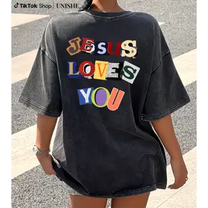 Unisex Streetwear Tee – Washed Jesus Loves You Print, Comfortable Round Neck, Casual Fit
