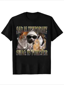 Funny Cat Swag Quote Graphic T-Shirt for All Seasons, Casual Cotton Breathable Short Sleeve Top with Cute Pet Design, Unisex Fitted Streetwear Style for Home and Street Style, Menswear