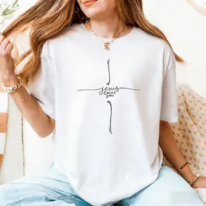 Jesus Loves You Minimalist Cross Graphic T-Shirt, Christian Faith Tee for Religious Casual Wear