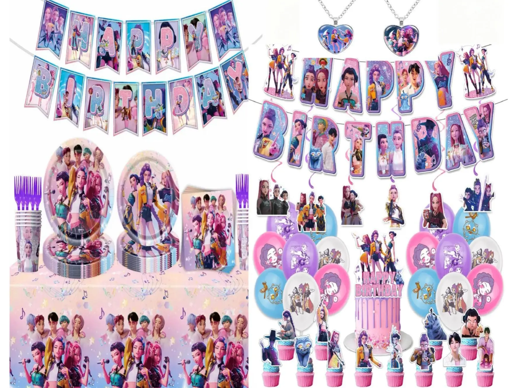 14-Piece Birthday Party Set: Disposable Tablecloth, Paper Plates, Paper Cups, and Paper Forks – K-Pop Themed Party Set for 10 People