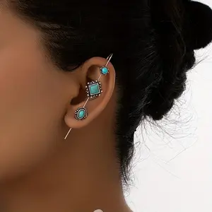 1pc Western Antique Silvery Turquoise Stone Long Pin Stud Earring Ear Cuff for Women