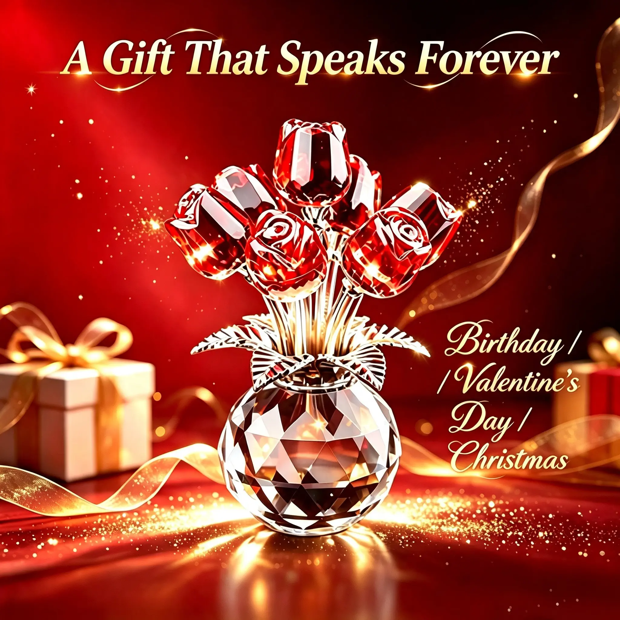 Little Cute K9 Crystal Rose Bouquet Figurine - Glass Artificial Flower Statue for Desk & Bookshelf - Decorative Ornament for Bedroom, Living Room & Home Decor - Unique Birthday, Valentine's Day, Anniversary & Christmas Gift Idea for Mom/Wife/Girlfriend