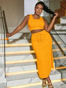 Two piece set of women's casual bright orange sleeveless vest+split skirt set with drawstring waist cinching. Two piece set of spicy girl style dating party temperament set, suitable for summer, suitable for home, indoor, outdoor wear