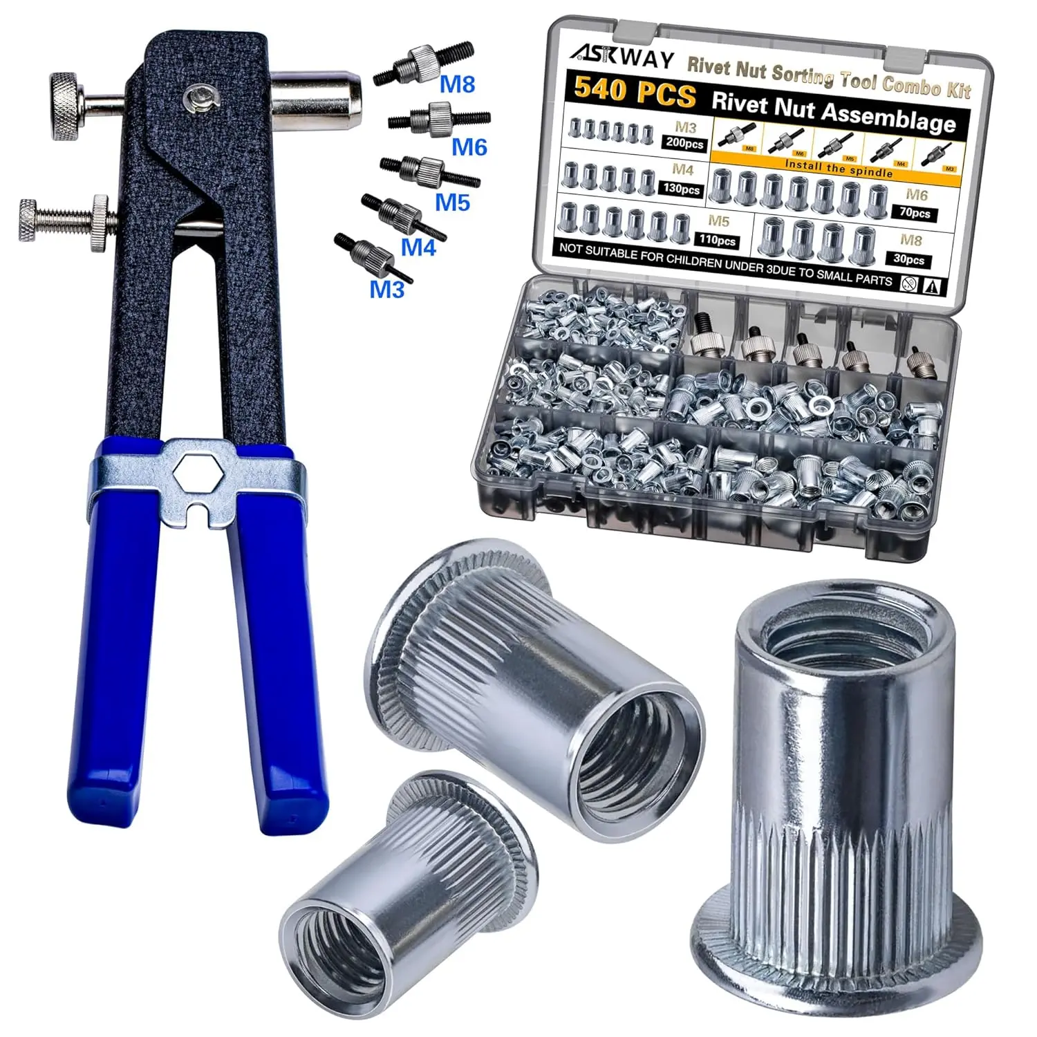 Rivet Nut Tool Kit 540Pcs Nut Riveter Tool Kit (M8/M6/M5/M4/M3), Suitable for Furniture, Decoration, Automobile, Shipbuilding and Industrial Applications.