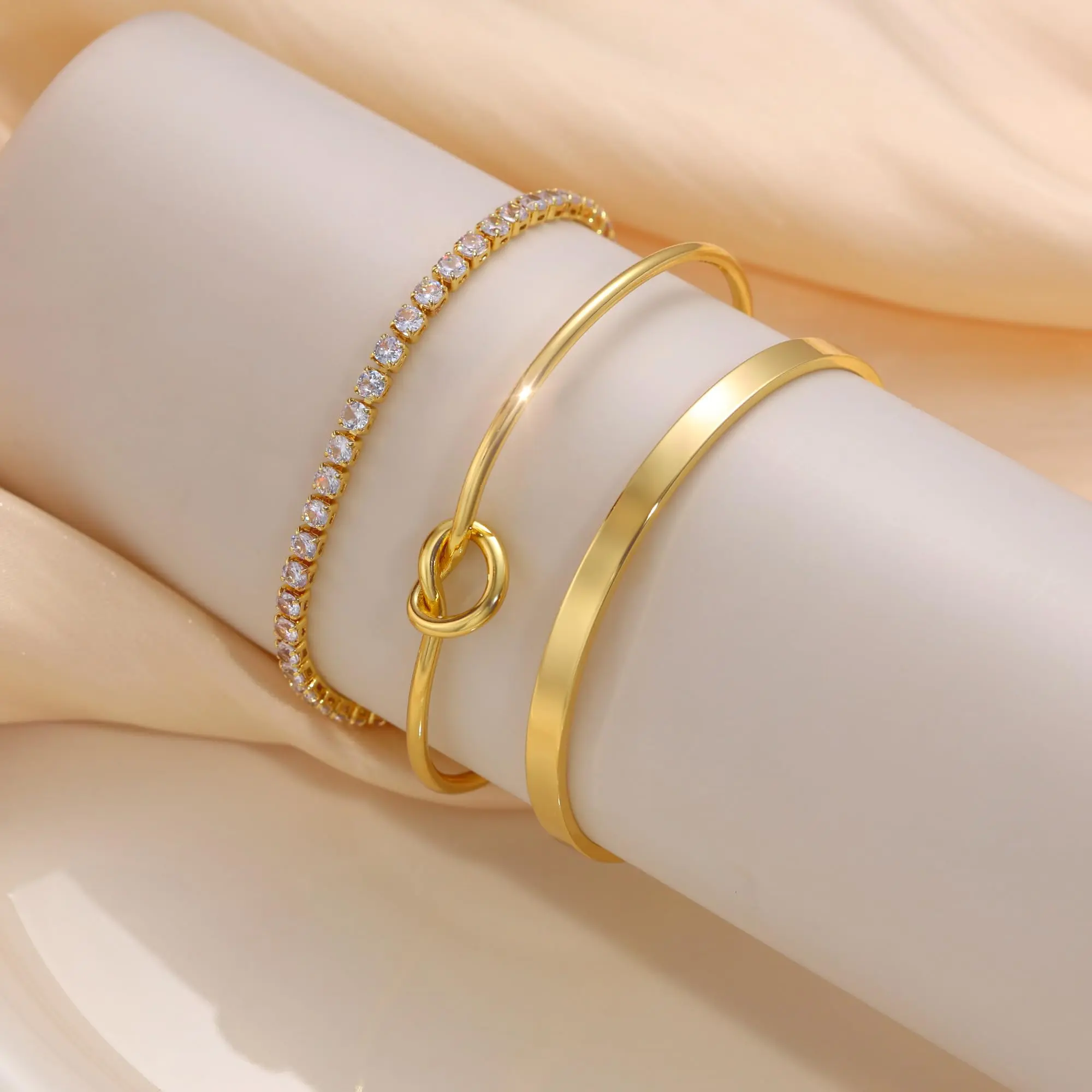KOPERIN 3PCS 14K Gold Filled Bracelet Stack Set Heart Knot Open Bangle Plain Cuff And CZ Inlaid Tennis Bracelets Hypoallergenic Adjustable Accessories For Women Gift
