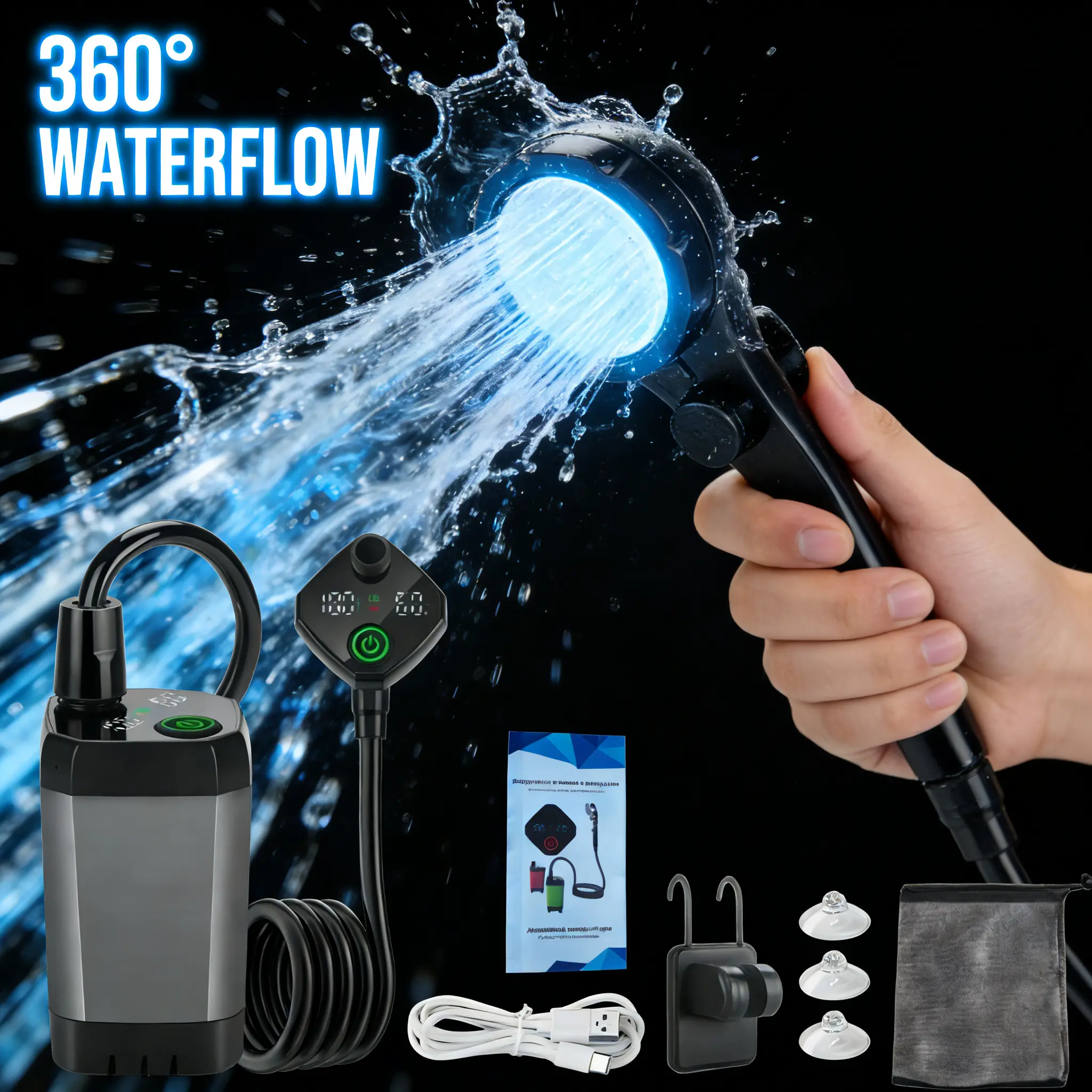 Portable Shower Pump, Rechargeable and Compact ABS Camping Gear with a Gentle Rain Flow for Outdoor Camping, Hiking, and Beach Trips, Hiking Gear, Portable Showers, Shower Head