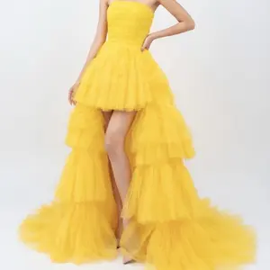 Yellow Strapless Tulle Maxi Dress with High-Low Hem and Ruffle Design for Women Prom Dress
