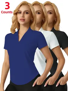 Women's Moisture-Wicking Breathable Polo Shirt Set, Casual Fitted Short Sleeve Tee for Running Golf Sports, 3 Piece Pack
