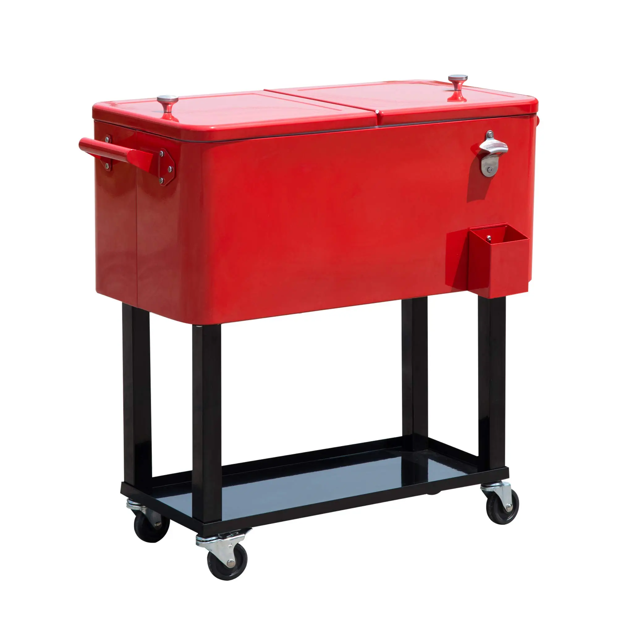 80 QT Rolling Insulated Portable Ice Retention Cooling Bin - Stand-Up Ice Chest on Wheels, Outdoor Drink Cooler Cart for Parties, Red Freezer, Ice Retention Cooler, Insulated Portable Cooler