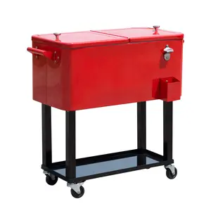 80 QT Rolling Cooling Bins Ice Chest on Wheels Outdoor Stand Up Drink Cooler Cart for Party, Red freezer
