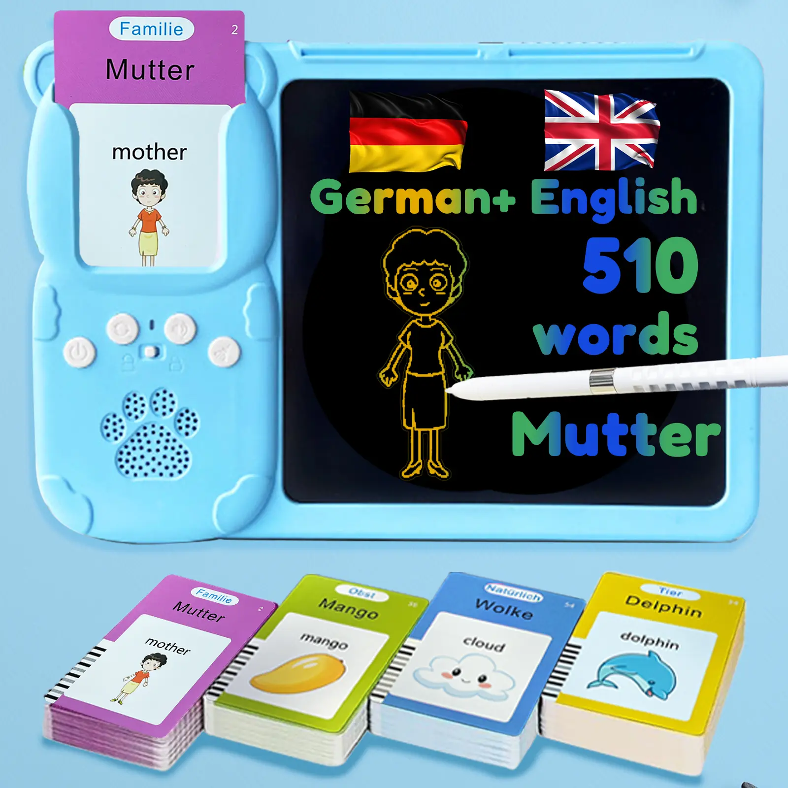 Bilingual English German Talking Flash Cards with Writing Tablet - 8" LCD Tablet for Writing, Messing-Free Drawing Pad, 510 Daily Words, Speaking Sensory Toys for Autistic Children, Educational Toys Gifts for Boys Girls 3-12, Language Learning Tool, Blue