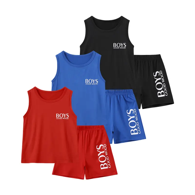 Boys' 6-Piece Set Pack, 4-12y (11-12y Included) Summer Sportswear: Round-Neck Sleeveless Tank Tops with Letter Print, Shorts, Breathable Casual Outdoor Outfits