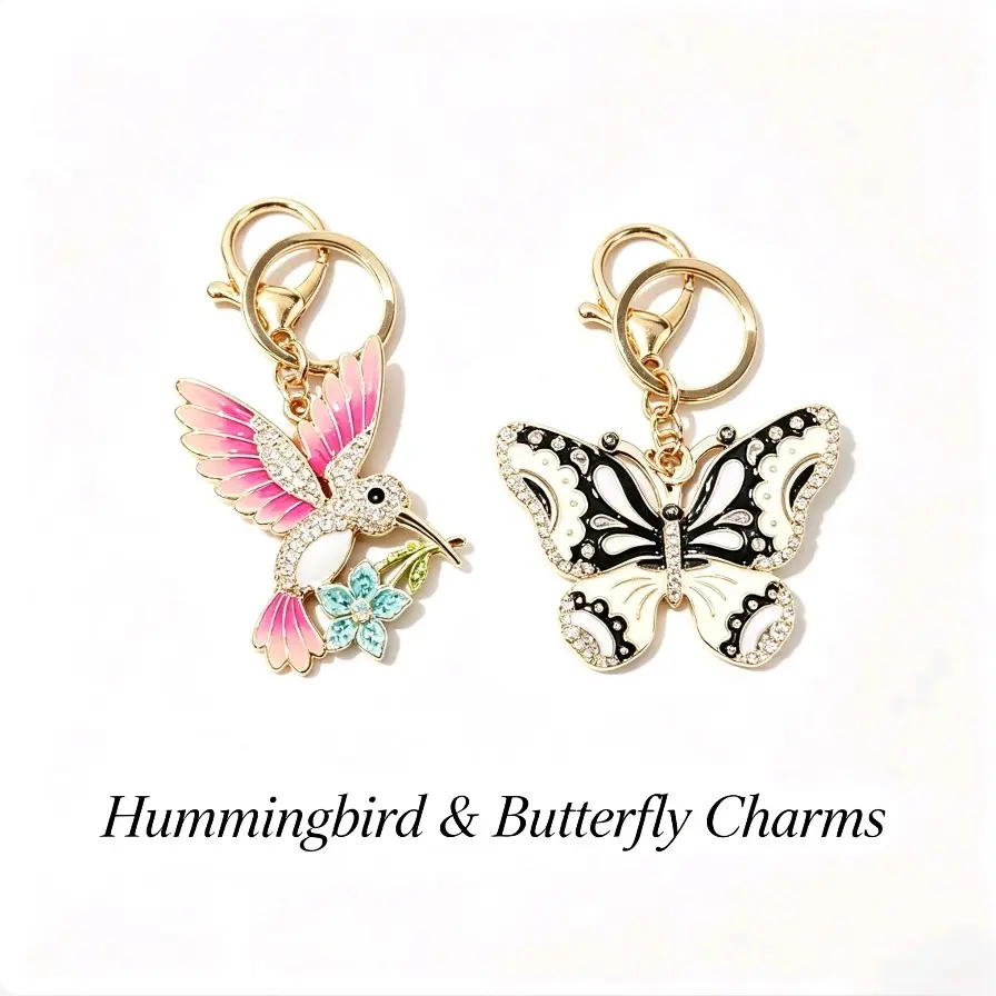 Women's Rhinestone Hummingbird-Butterfly Keychain, Cute Enamel Metal Bag Charm, Fashion Home Decor Accessory for Purse Backpack Car Keys Gift
