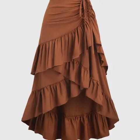 Women's Solid Color Ruffle Hem Woven Fabric Skirt with Adjustable Drawstring, Boho Fashion Casual High Low Hem Ruffled Skirt for Daily Holiday Vacation Wear, Ladies Bottoms for All Seasons