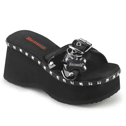 Demonia Women's Funn-28 Black Vegan Leather Belted Slide Casual Sandals - Stud Details, Edgy Street Style, Composite Bottom, Bone-Shaped Dog Tag Platform Heels, Wedge Sandal, 2.5" Platform Adds Height With Ease, Shoes For Women