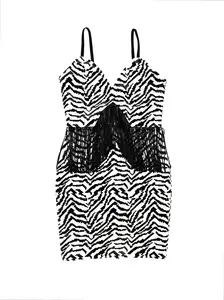EOOSLIKY Zebra Print Fringe Dress - Black & White Strappy Slip Mini with Adjustable Neckline, Boho Party Gown Spandex Statement  prom dress