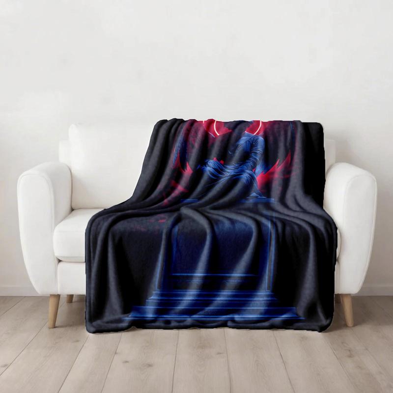 1 piece Blue statue angel with red halo background themed flannel blanket - Oversized fluffy warm sofa blanket, flannel for beds, all-season multi-purpose, modern style, machine washable, digital print design, 100% polyester, suitable for sofa