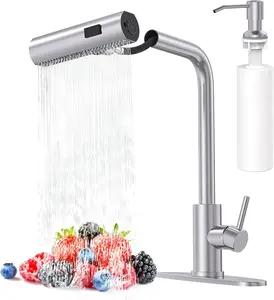 Brushed Nickel Kitchen taps Faucets with Pull Down Sprayer & Soap Dispenser, Single Hole & Handle, Pull Out Tap, Waterfall Stainless Steel Sink